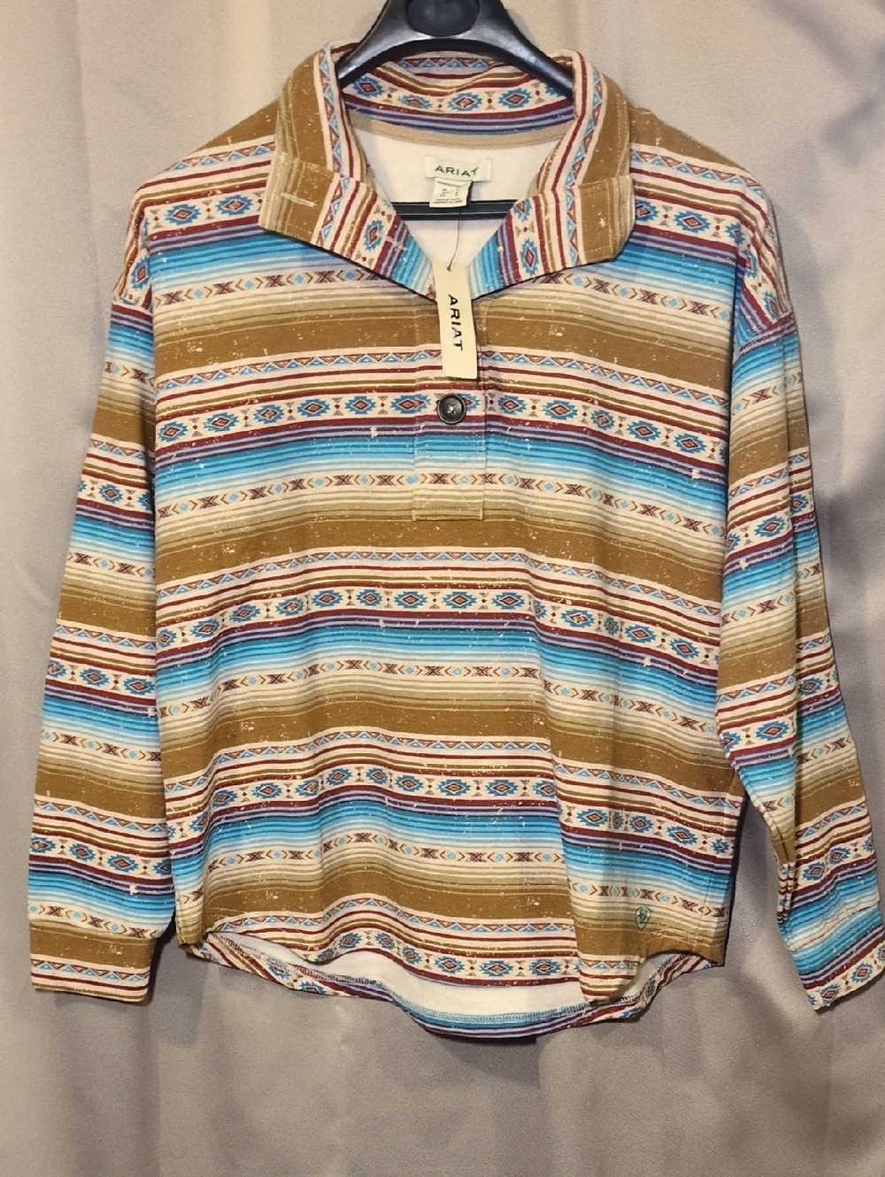 Ariat Serape Hometown Henley Polo in Southwestern Mustard, Turquoise & Cream